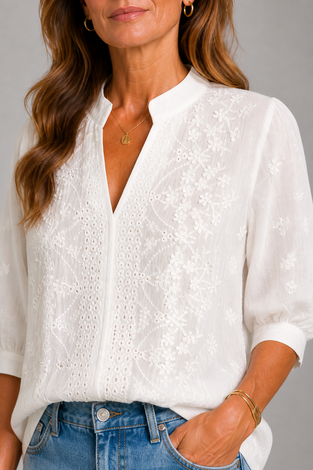Bertie | White Broderie V-Neck Blouse