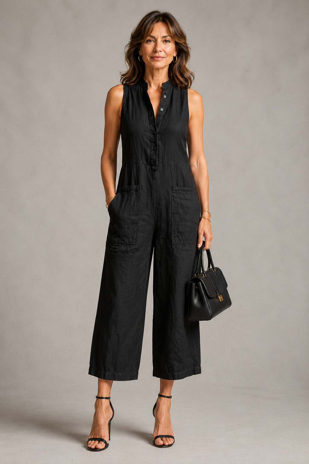 Kathryn | Black Linen-Look Cropped Jumpsuit