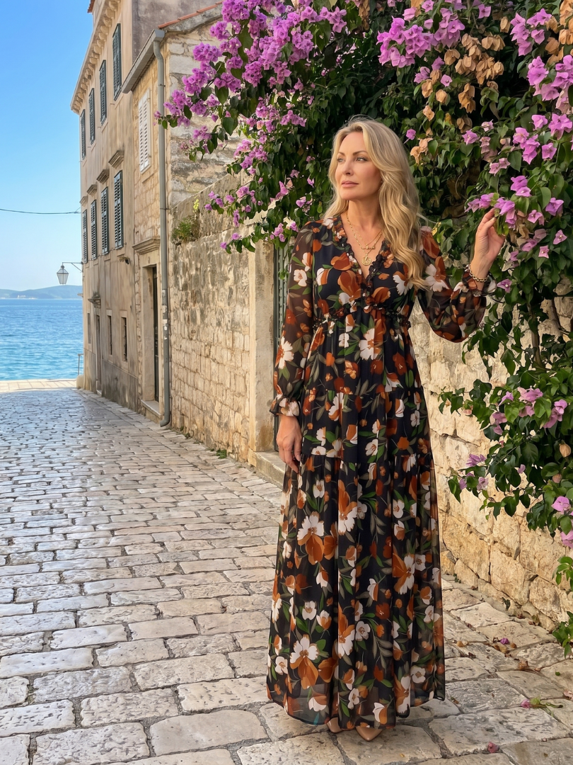 Dawn | Coral Floral Print Maxi Dress