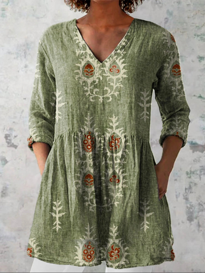 Elsie | Olive Folk Floral V-Neck Tunic Top