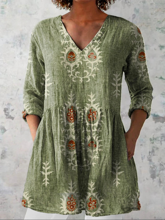 Elsie | Olive Folk Floral V-Neck Tunic Top
