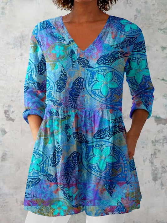 Jade | Blue Butterfly Print V-Neck Tunic Top
