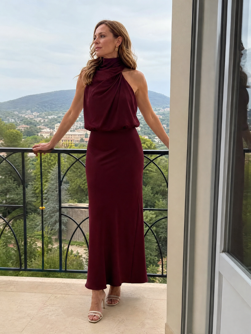 Marion | Burgundy Draped-Neck Maxi Dress