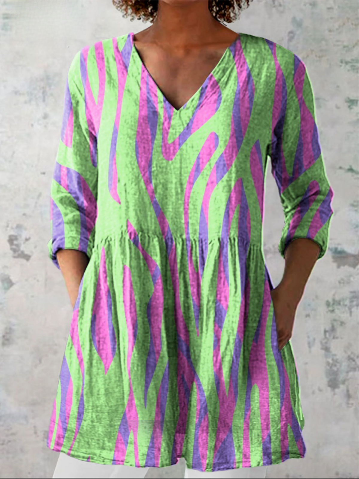 Ava | Green & Pink Brushstroke V-Neck Tunic Top