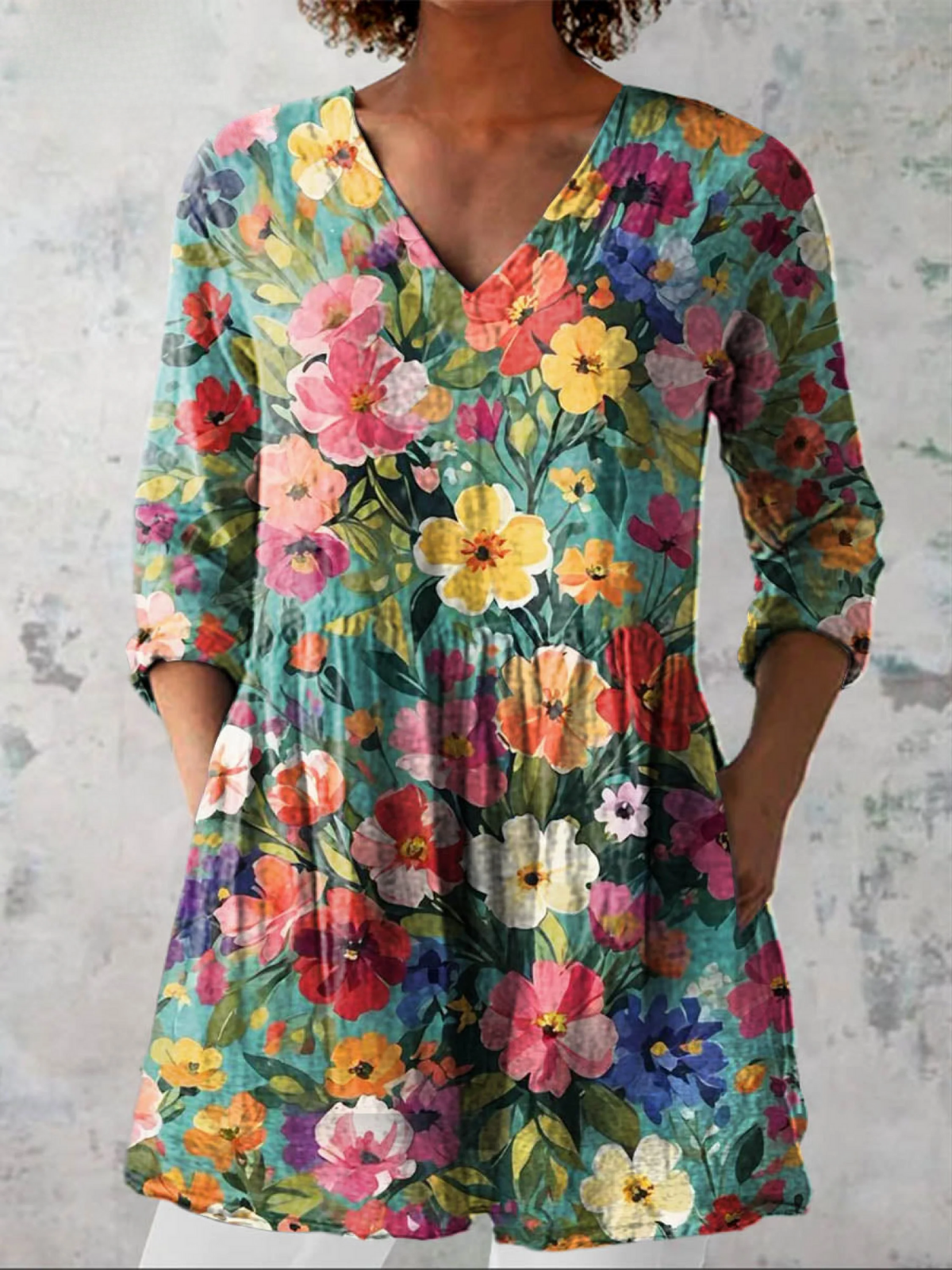 Nora | Turquoise Garden Floral V-Neck Tunic Top