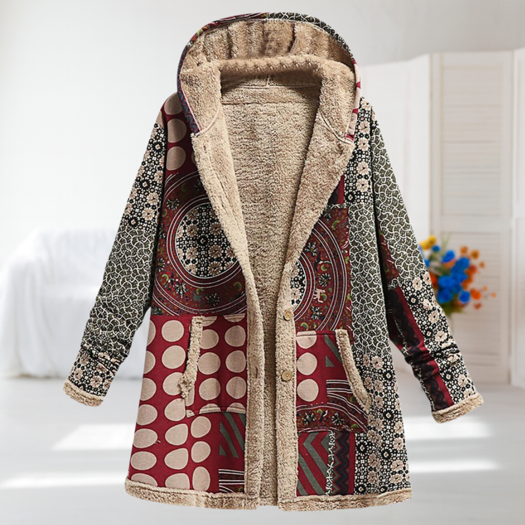 Jacqueline | Burgundy Patchwork Hooded Coat