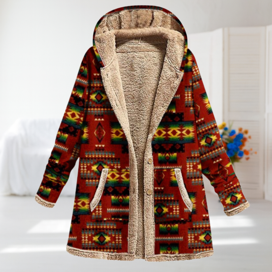 Helen | Red Geometric Hooded Coat
