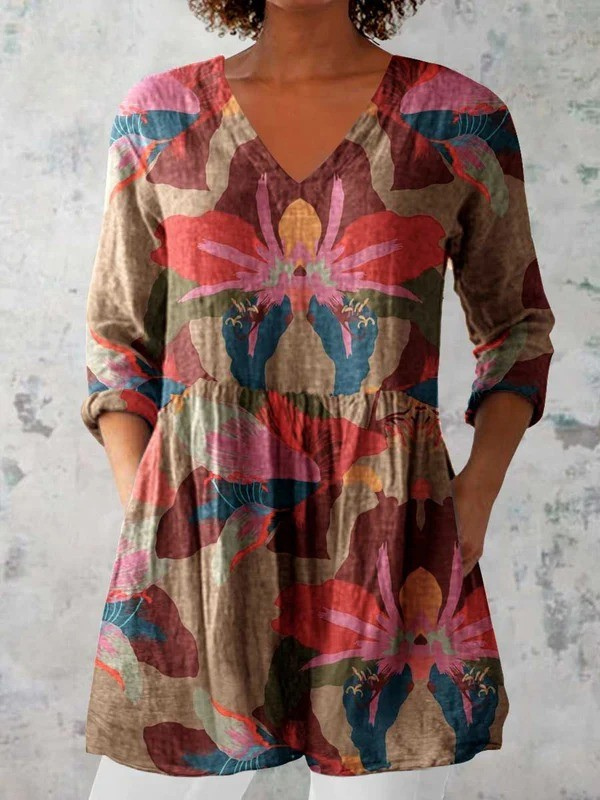 Sarah | Taupe Lily Print V-Neck Tunic Top