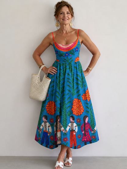 Bridget | Blue Folk Print Midi Dress