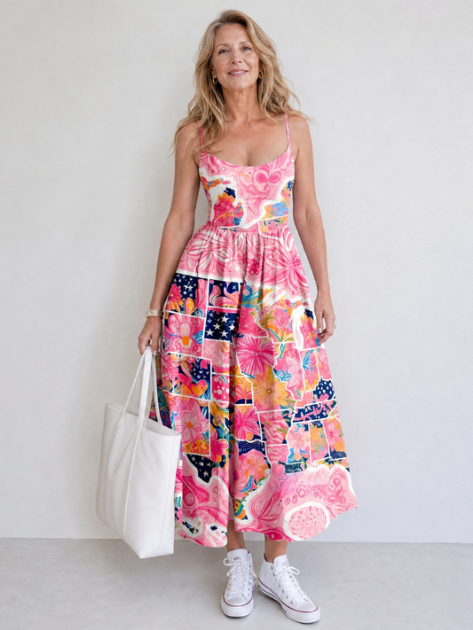 Renee | Pink Floral Patchwork Midi Dress