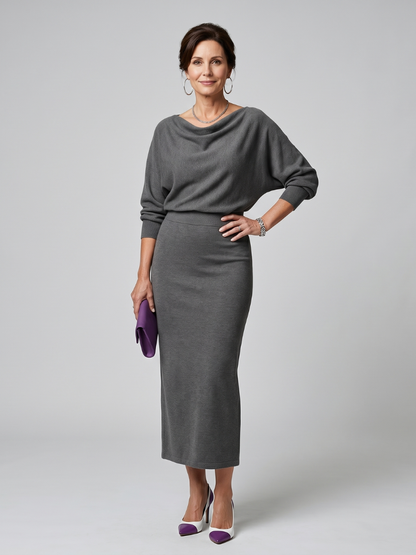 Clare | Grey Cowl-Neck Knitted Dress