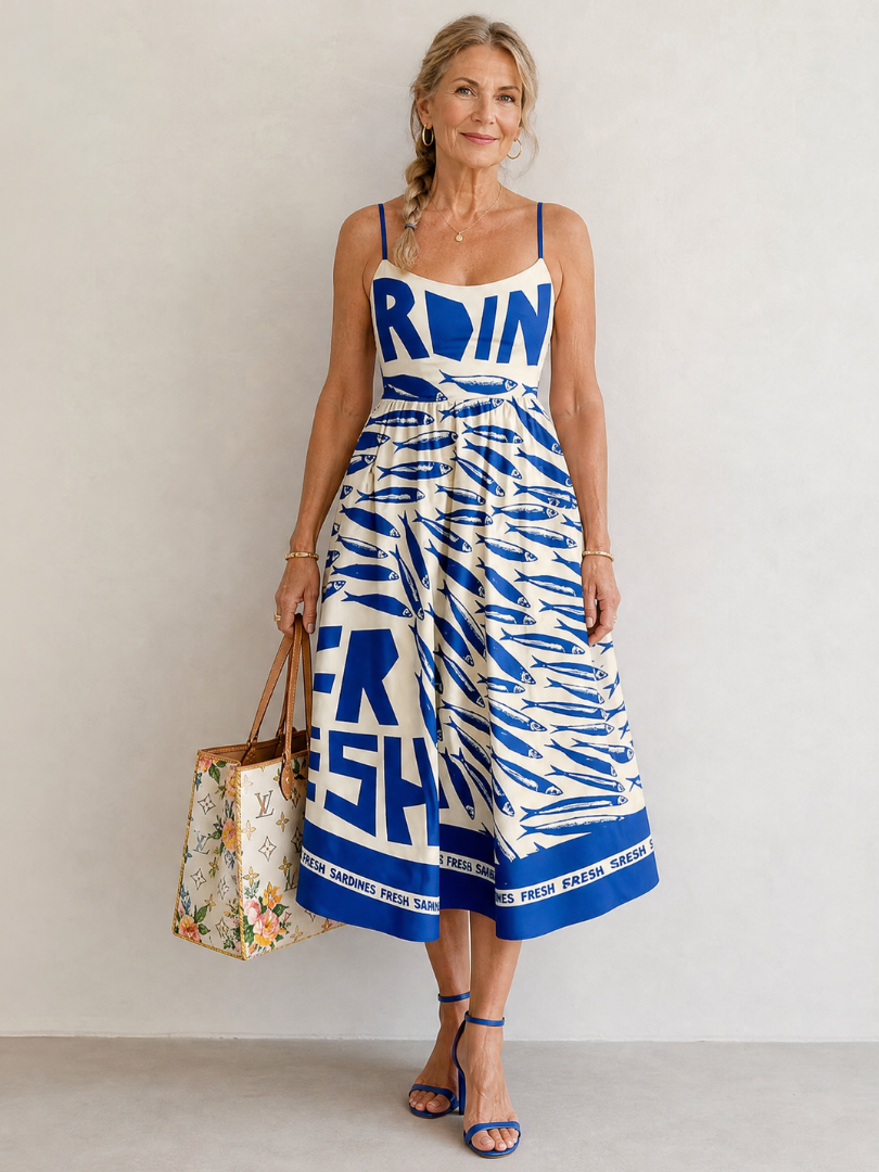 Anne | Blue Fish Print Midi Dress