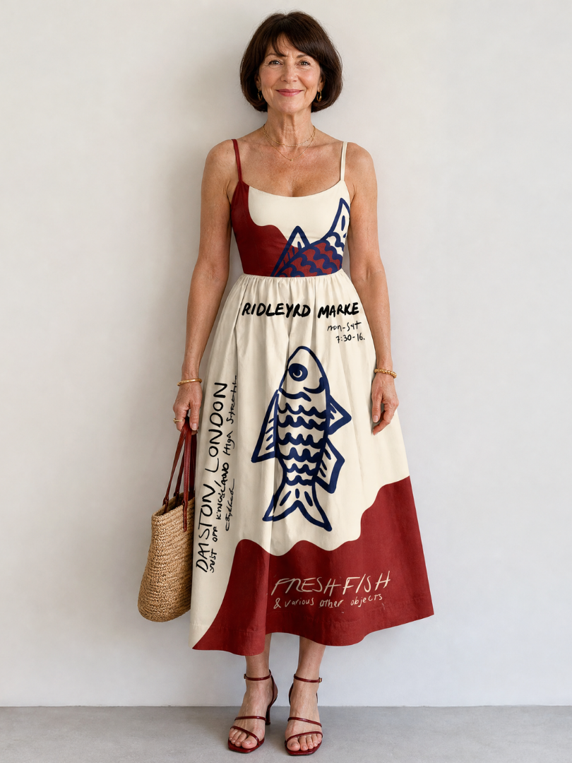 Helen | Graphic Fish Print Midi Dress
