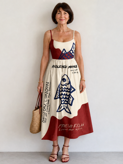Helen | Graphic Fish Print Midi Dress