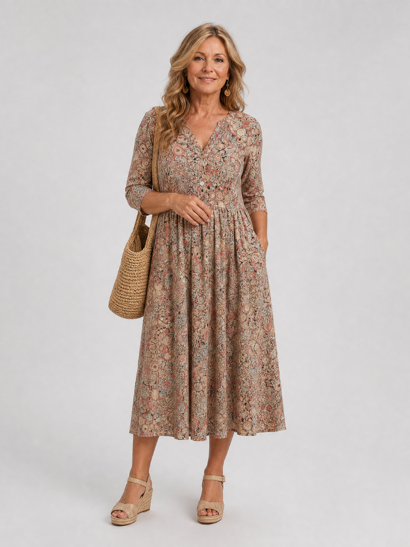 Janet | Beige Ditsy Floral Midi Dress
