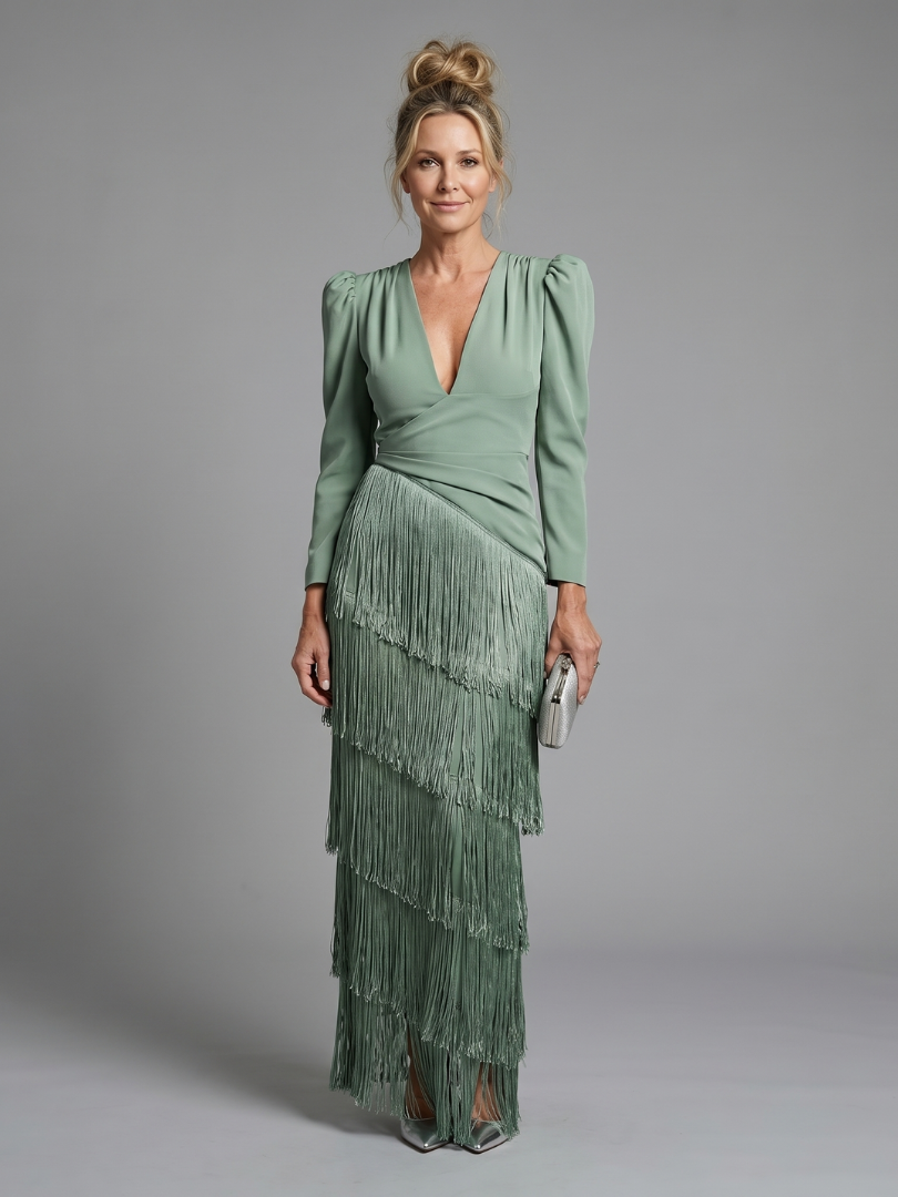Georgina | Sage Green Fringe Detail Midi Dress