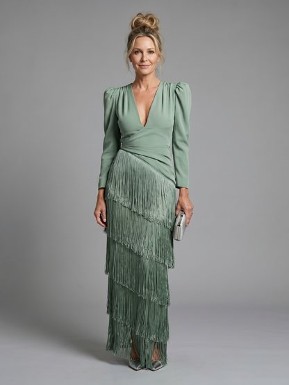 Georgina | Sage Green Fringe Detail Midi Dress