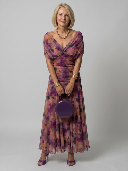 Linda | Violet Floral Print Midi Dress