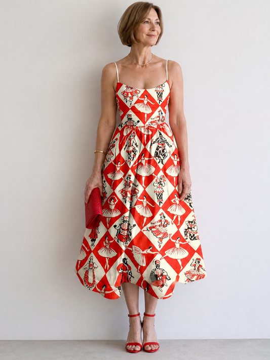 Adeline | Red Diamond Print Midi Dress
