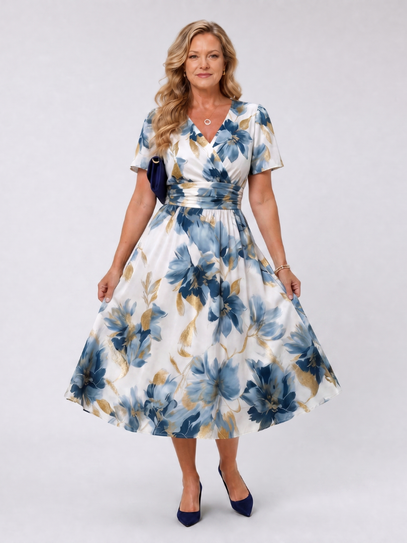 Melanie | Blue Floral Print Midi Dress
