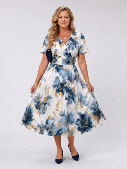 Melanie | Blue Floral Print Midi Dress