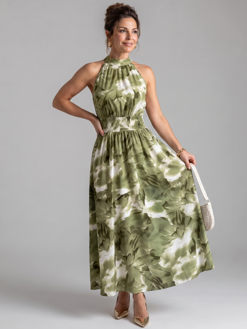 Carol | Olive Watercolour Print Midi Dress