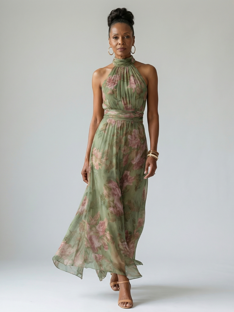 Maureen | Sage Rose Print Midi Dress
