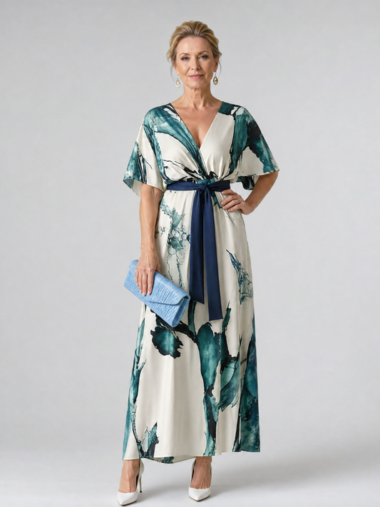 Gillian | Leaf Print Tie-Belt Maxi Dress