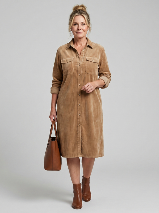 Judith | Camel Corduroy-Look Shirt Dress