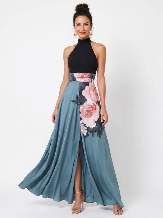 Virginia | Black Bodice Floral Skirt Maxi Dress