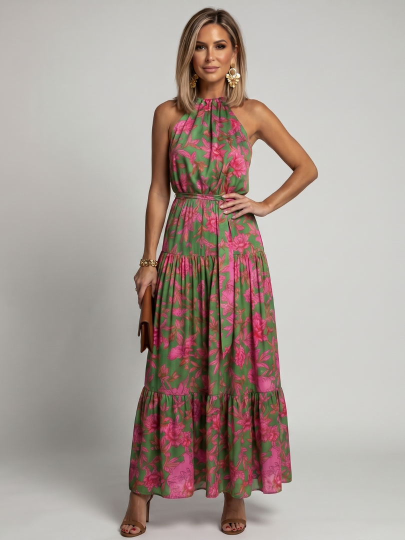 Sandra | Green & Pink Floral Print Midi Dress