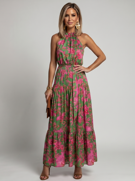 Sandra | Green & Pink Floral Print Midi Dress