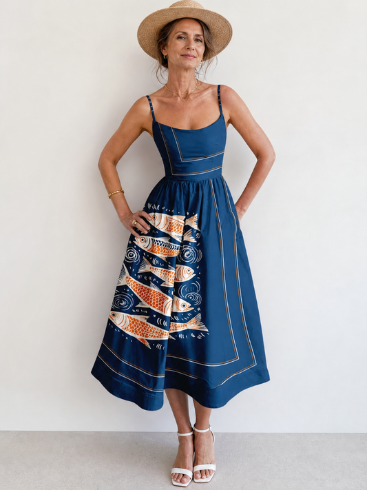 Doris | Navy Fish Print Midi Dress