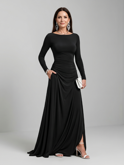 Grace | Black Boat-Neck Maxi Dress