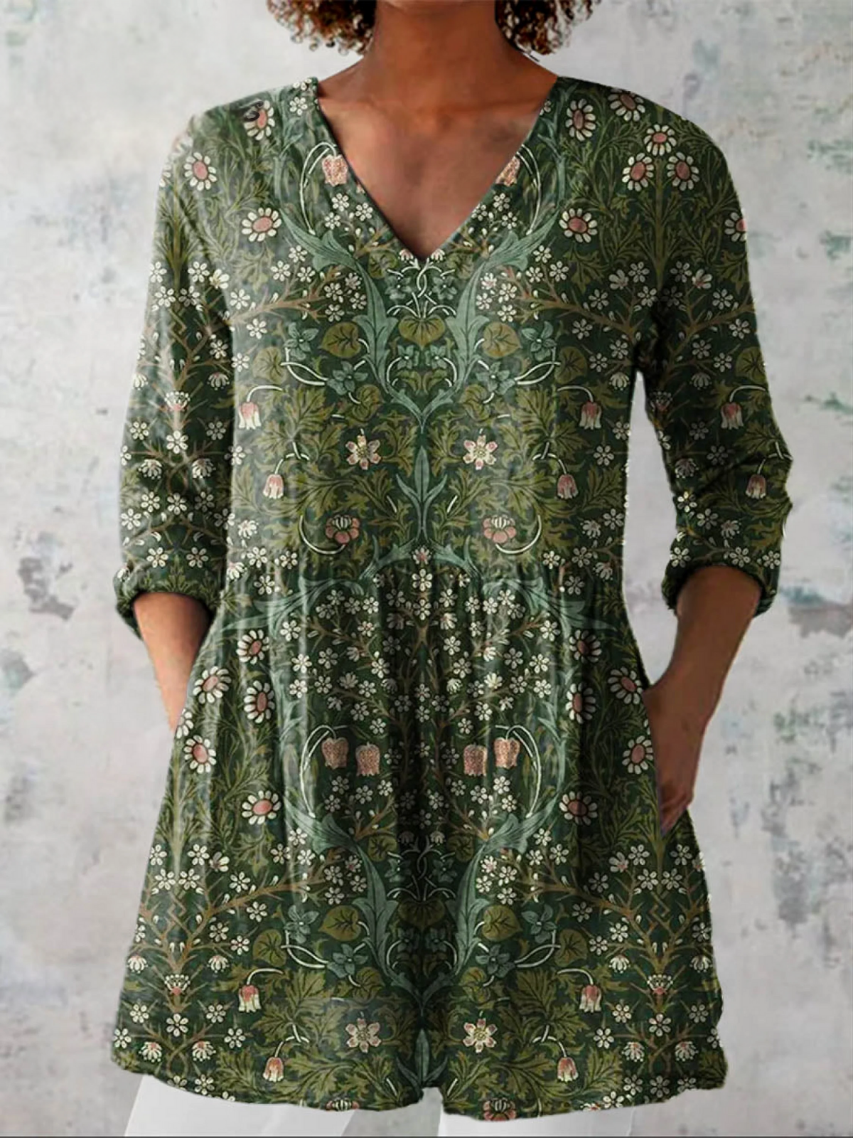 Olivia | Dark Green Botanical V-Neck Tunic Top
