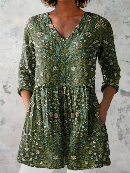 Olivia | Dark Green Botanical V-Neck Tunic Top