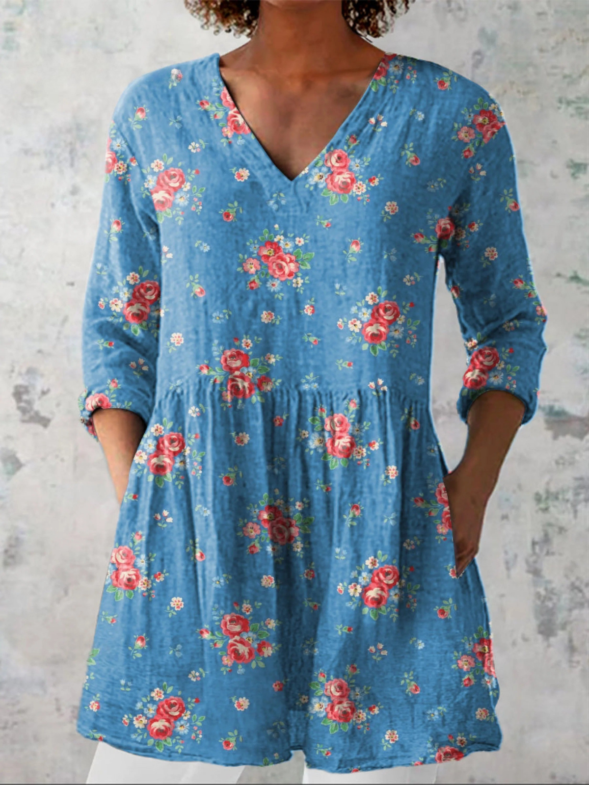 Megan | Blue Rose Print V-Neck Tunic Top