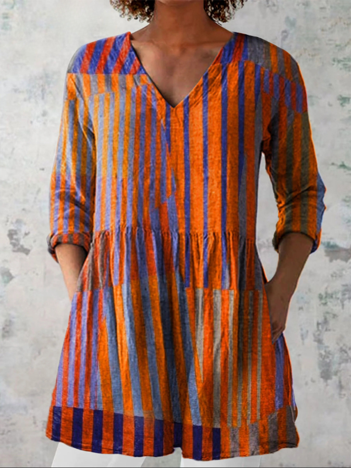 Nadia | Orange & Blue Stripe V-Neck Tunic Top