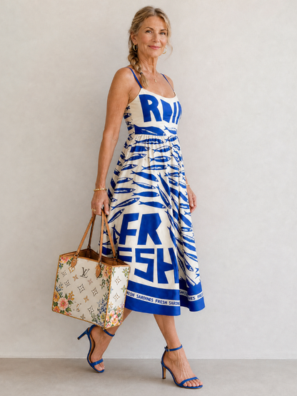Anne | Blue Fish Print Midi Dress