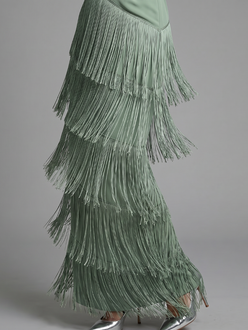 Georgina | Sage Green Fringe Detail Midi Dress