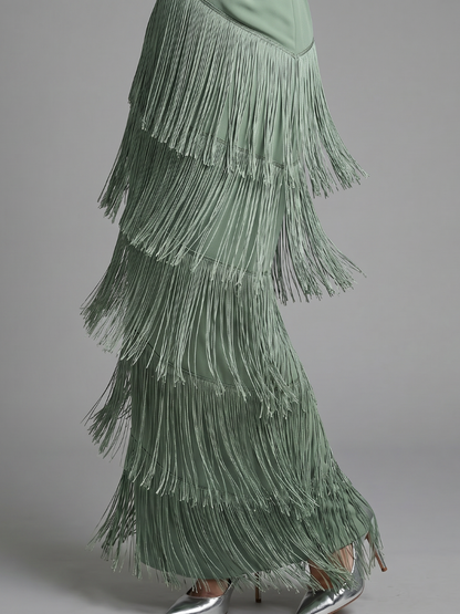 Georgina | Sage Green Fringe Detail Midi Dress