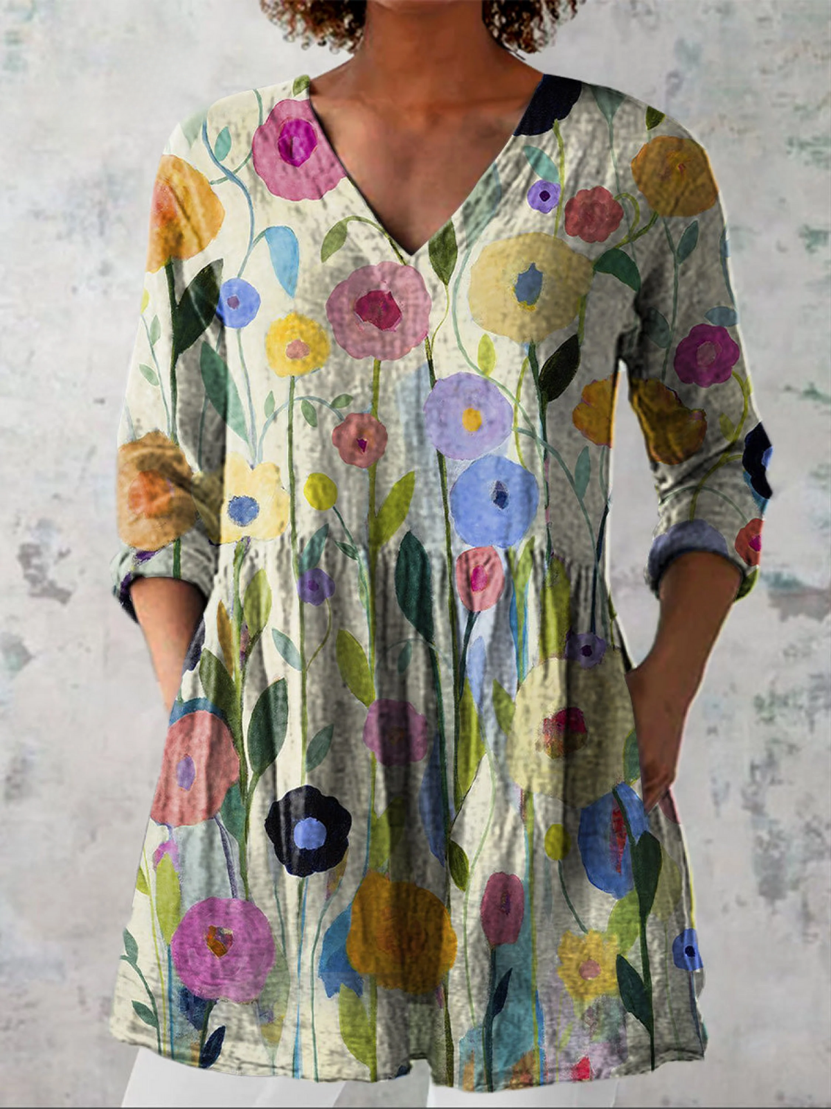 Lucy | Cream Painted Floral V-Neck Tunic Top