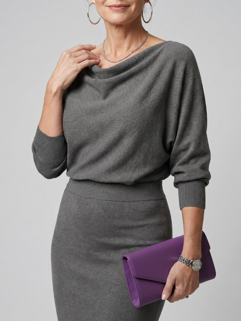 Clare | Grey Cowl-Neck Knitted Dress