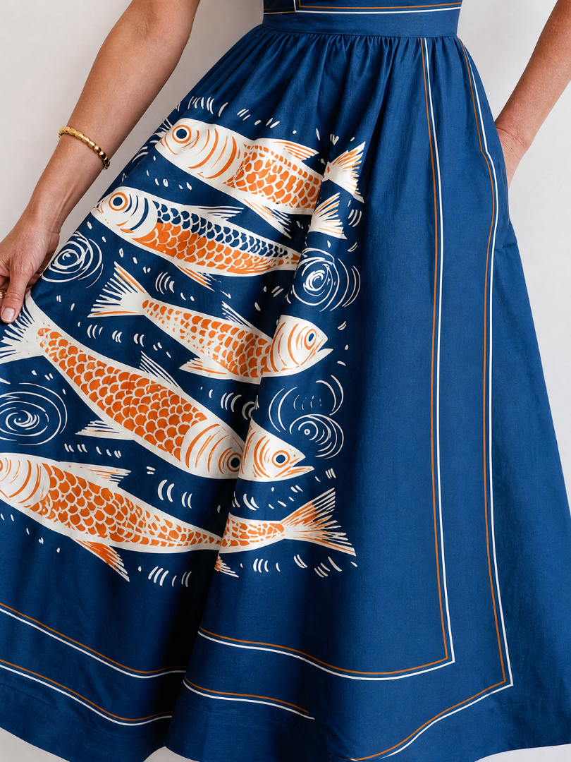 Doris | Navy Fish Print Midi Dress