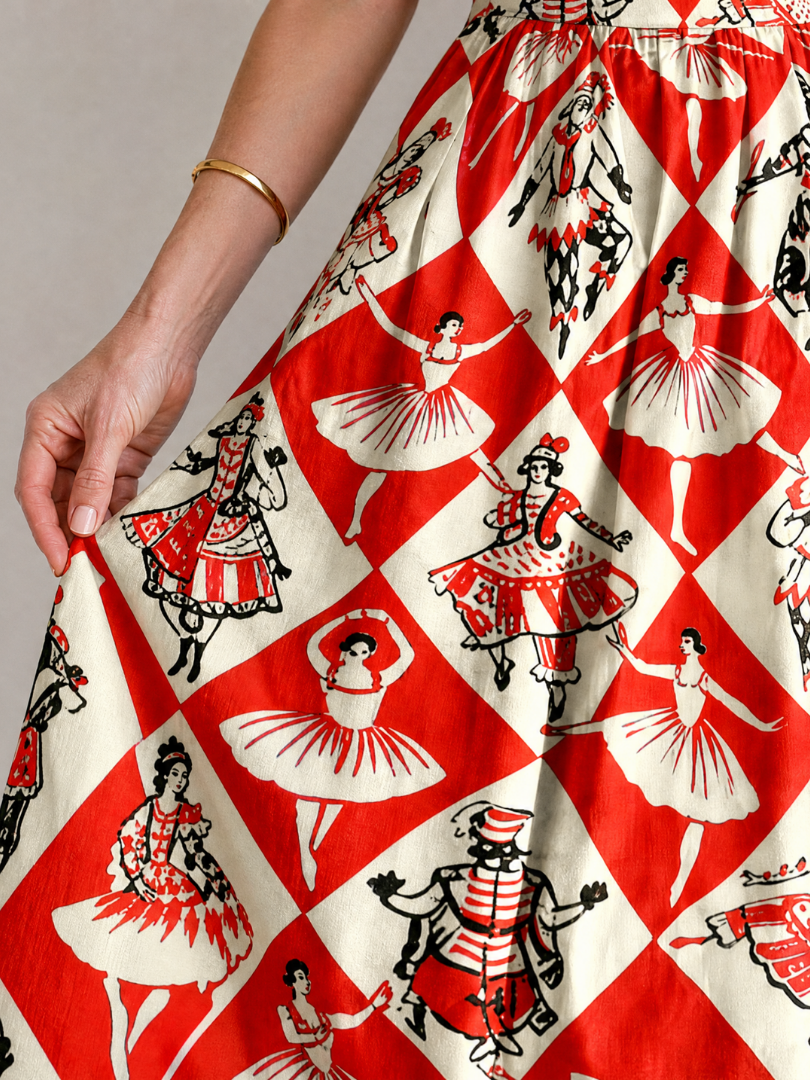 Adeline | Red Diamond Print Midi Dress