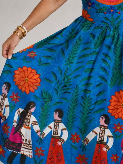 Bridget | Blue Folk Print Midi Dress