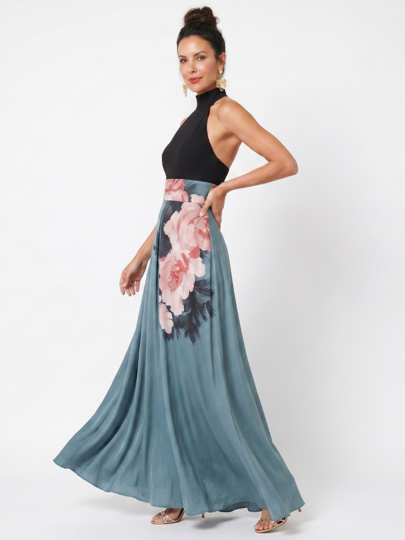 Virginia | Black Bodice Floral Skirt Maxi Dress