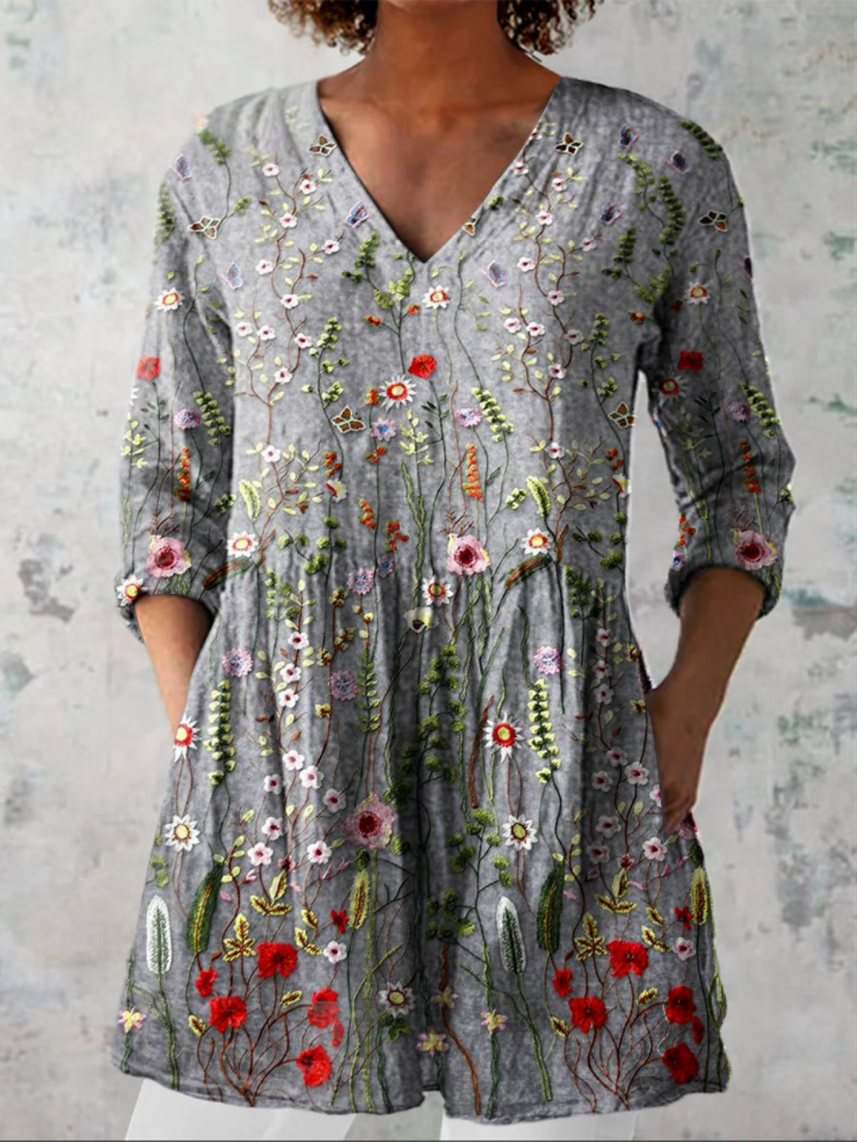 Annie | Grey Wildflower V-Neck Tunic Top