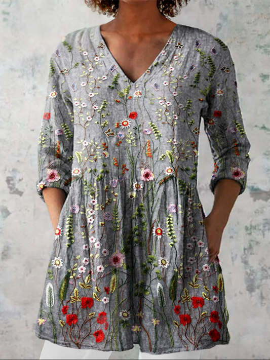Annie | Grey Wildflower V-Neck Tunic Top