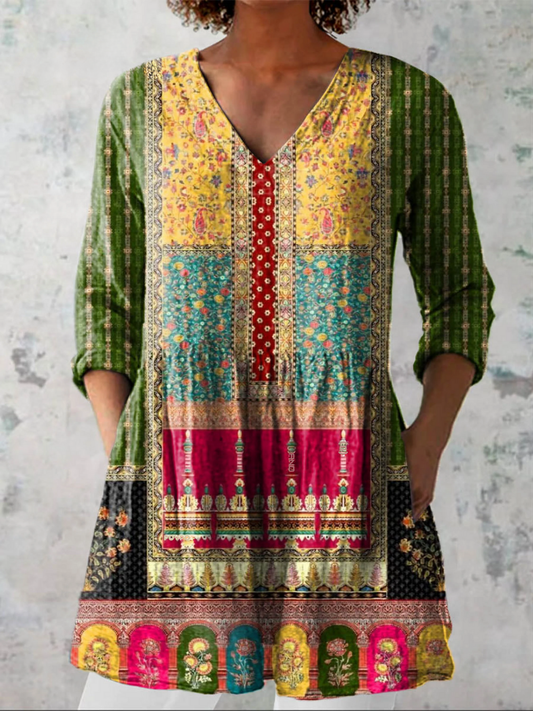 Emily | Green Boho Panel V-Neck Tunic Top
